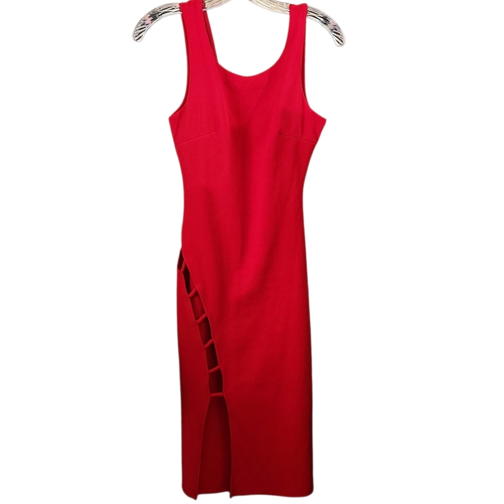 Sleeveless Red Bodycon Midi Dress with Side Cutout By Sarah La Usa